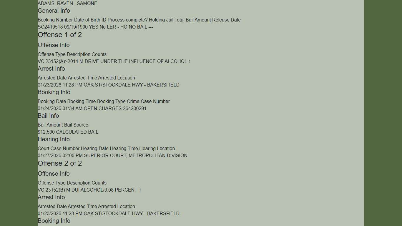 Inmate Information Printable KCSO